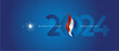 Happy Liberation Day 2024 event. Netherlands 3d flag ribbon flame over numbers of 2024 vector illustration on blue background