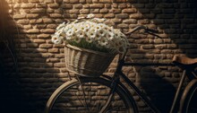 A Rustic Scene Featuring An Old Bicycle With A Woven Basket Propped Against A Textured Brick Wall.