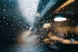 Raindrops on coffee shop window, blurry city life background