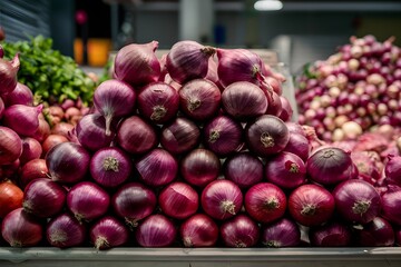 Wall Mural - Red onions stacked on market stall, fresh produce photo