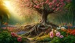 Illustrate an image of a flowering tree with its roots above the ground, intertwined with colorful blooming flowers at their base.