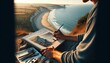 A close-up image of a person with a sketchpad, drawing the panoramic view of the beach below from a high vantage point on a cliff.