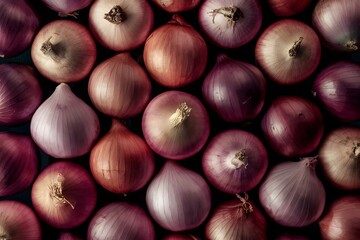 Wall Mural - Scene Realistic bunch of red onions top view, fresh vegetable scenery