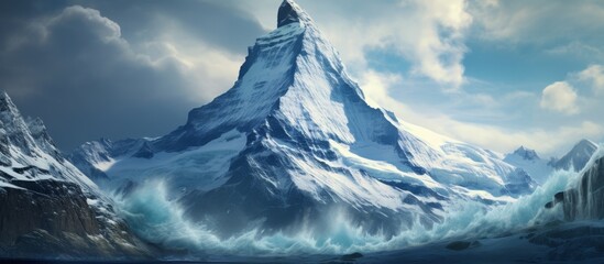 Wall Mural - A towering mountain peak is being struck by a powerful wave in a dramatic natural display of strength and beauty