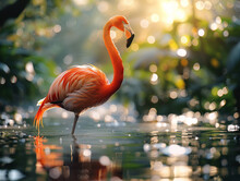 A Graceful Flamingo, Pink Feathers, Standing Tall In A Serene Lake, Surrounded By Lush Greenery Realistic, Golden Hour, Depth Of Field Bokeh Effect