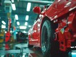 A red car is being worked on in a factory