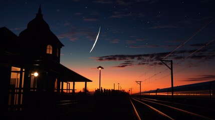 Wall Mural - A train station at night with a train in the distance