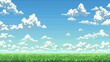 © Matthew - The pixel art game background depicts a blue sky with clouds, a green field below, and space in the middle of the screen for characters and text.