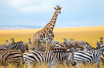 Canvas Print - A giraffe standing on top of zebras in the savannah, surrounded by other zebras