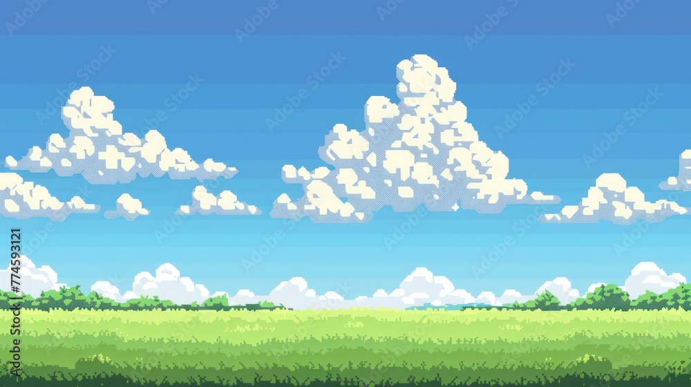 This pixel art game background presents a blue sky with clouds, a green ...