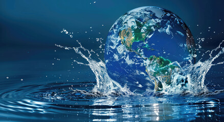 Wall Mural - A globe made of water, floating in the air with Earth inside it. The background is dark blue and the surface below has some ripples. A small splash of water surrounds part or all of earth.