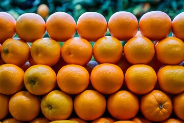 Wall Mural - Stack of ripe oranges, fresh fruit market display photo