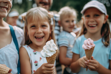 Wall Mural - girls are smiling and holding ice cream cones. They are happy and enjoying their time together. The scene is set in a public area, possibly a park or a street, where people can gather