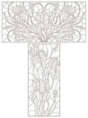 Wall Mural - A set of contour illustrations of stained glass Windows with irises in frames, dark contours on a white background