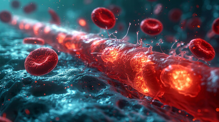 Wall Mural - Hemoglobin, Red Blood Cells Flowing in a Vessel. Generated-AI