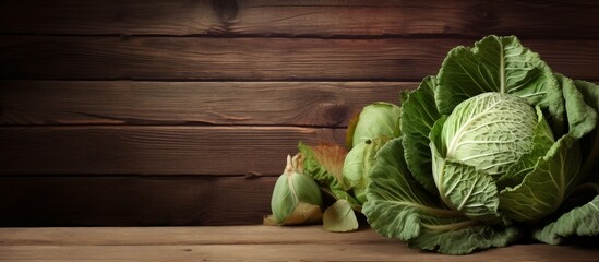 Wall Mural - Fresh green cabbage leaves are closely packed together on a rustic wooden table, creating a wholesome and organic display