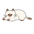 A cartoon cat is laying on a white background. The cat is cute and playful. The image has a light and cheerful mood