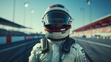 Fototapeta  - Formula 1 Driver Wearing an Astronaut Suit Standing in the Middle of the Racetrack, Helmet Open to Reveal His Face