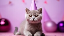 Big Party With British Short Hair Cat Wearing A Party Hat. Funny Cat In A Cap Celebrates Birthday, On A Light Purple Background. Looking Straight To Camera. Let's Party. Happy Birthday.