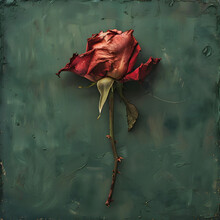 A Single Red Rose Is Depicted In A Painting On A Green Background. The Rose Appears To Be Wilted And Dried Up, Giving The Painting A Melancholic And Somber Mood