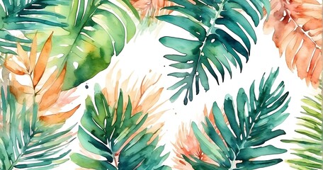 Wall Mural - Watercolor Tropical background with palm leaves with copy space