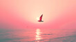 A bird flying over a pink ocean with a sun in the background