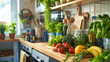 A kitchen counter is full of fresh vegetables and fruits, including tomatoes, bananas, and broccoli. The counter is also adorned with potted plants, adding a touch of greenery to the space