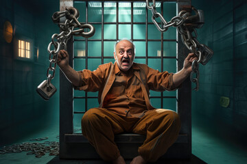 Wall Mural - Business corrupt oldman prisoner in orange uniform holds hands on metal bars, looking at camera. Standing, sitting behind prison bars.	
