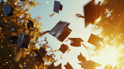 Graduation Caps Tossed in Air with Sunlight and Bokeh