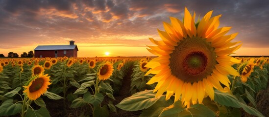 Wall Mural - A beautiful field of sunflowers with a charming barn visible in the distant background