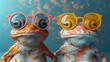   A pair of frogs sitting together against a blue backdrop with orange and yellow dots