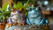   Close-up photo of two frog figurines with glasses on top of a potted plant