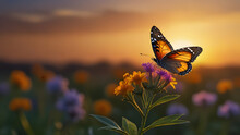 Close-up Of A Monarch Butterfly With Bright Orange Wings Resting On A Vibrant Blue Flower In A Field At Sunset