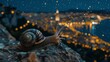   A snail perched atop a rock amidst a cityscape at dusk with glowing lights in the backdrop