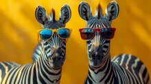   A Pair Of Zebras Standing In Front Of A Yellow Wall With Sunglasses On Their Faces