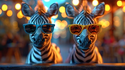   A pair of zebras standing together in front of a wooden table with sunglasses on top