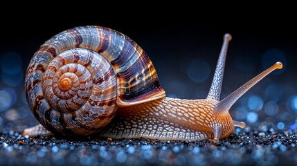   Snail close-up on black background with blurred shell