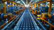 A factory floor with rows of solar panels being manufactured by machines and workers.