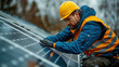 A technician inspecting solar panels on a house's roof.
