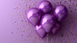   A group of purple balloons adorned with streamers and confetti against a purple backdrop, accented by golden confetti
