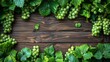   A serene image of a bounty of green grapes, surrounded by lush foliage, against a rustic wooden backdrop with space for additional content