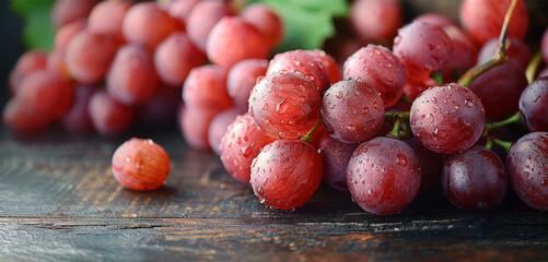 Wall Mural -   A few red grapes sit atop a wooden table alongside some green, leafy foliage