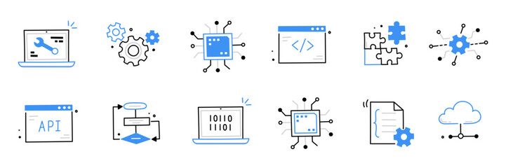 Software code icon doodle set. Hand drawn line sketch software coding doodle. Computer program build technology, data operate, application product test icon. Program build vector illustration