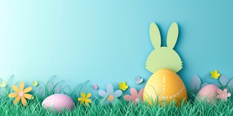 Wall Mural - A paper cut Easter bunny sits among flowers, eggs, and daisies in the grassy meadow, surrounded by the beauty of nature and plant life AIG42E
