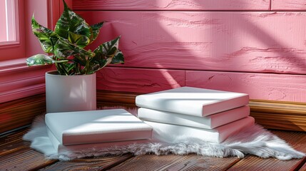 Wall Mural -   A potted plant on a wooden floor with white cushions and pink walls