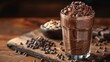   A towering glass filled with chocolaty milkshake, sprinkled with chocolate chips, rests on a wooden board beside a mound of whipped cream