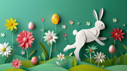 Wall Mural - A white rabbit is leaping through a colorful field of blooming flowers and eggs, surrounded by lush green grass and vibrant petals, creating a beautiful and whimsical scene AIG42E