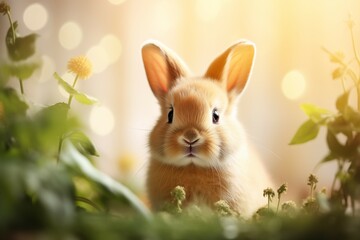 Poster - cute rabbit on blurred soft orange and white color background for cute and relax design