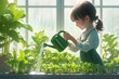 Little girl watering, taking care of plants in greenhouse