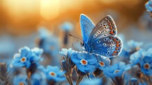    A Blue Butterfly Perched On A Blue Flower Against A Bright Sun, With A Blurred Background